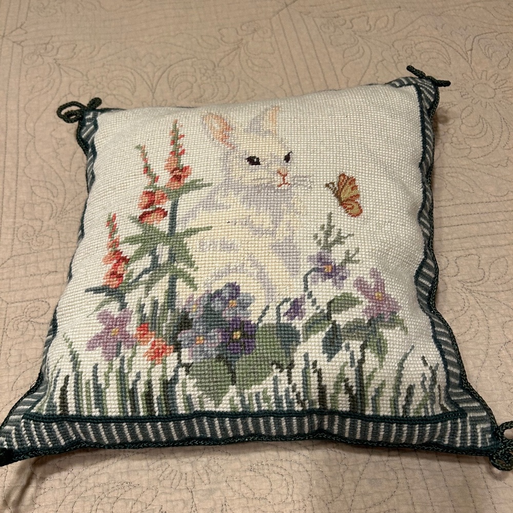 Needlepoint Rabbit Pillow with Velvet Backing